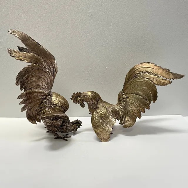 Vintage Brass Fighting Chicken Rooster Cock Set of 2 Statue Alpacca Italy