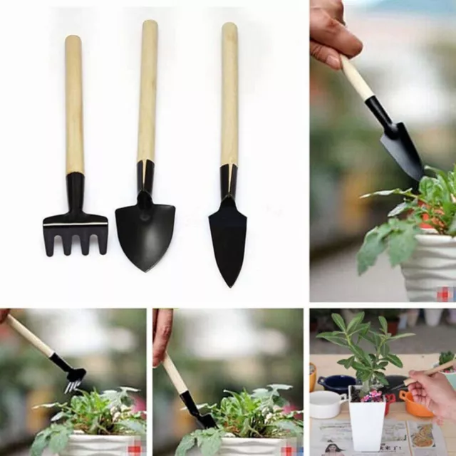 3Pcs Mini Garden Plant Tools Set with Wooden Handle Gardening Shovel Rake Spade