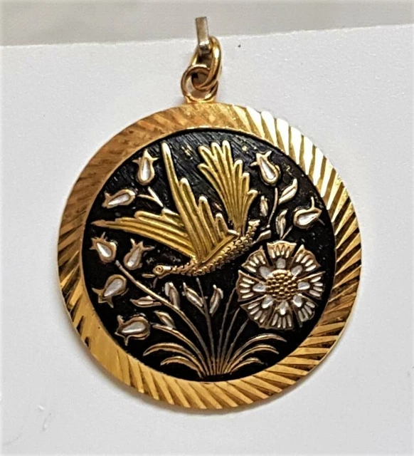 Pendentif Vintage Or De Tolède - Forme Marquise, Floral, Doré Et Noir
