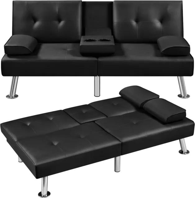 Convertible Sofa Bed Adjustable Couch Sleeper Modern Faux Leather Recliner Black