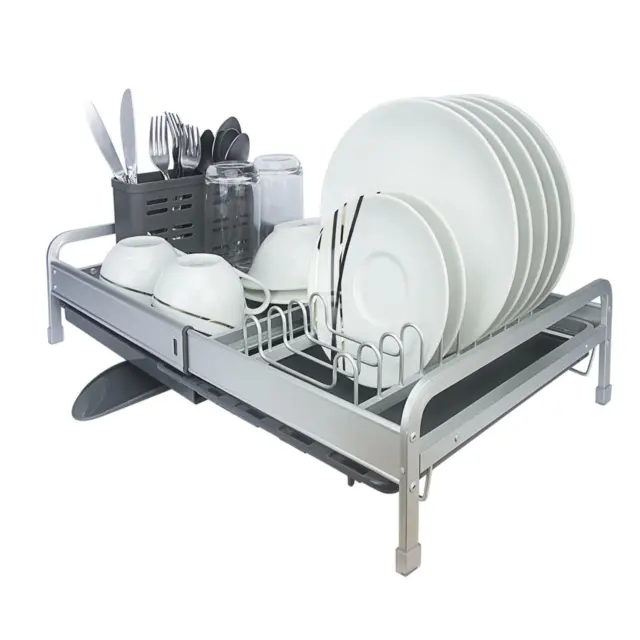 Extendable Aluminum Dish Drying Rack & Drainboard Set Utensil Holder Organizer