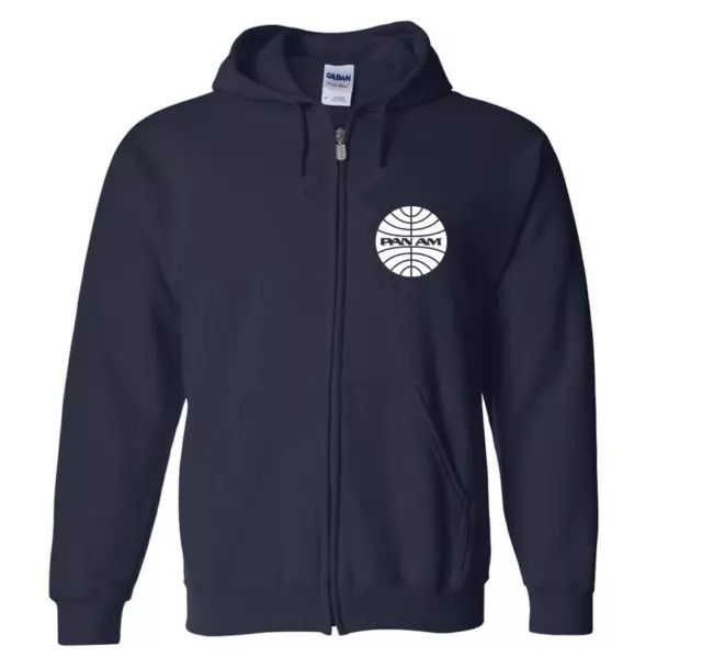 Pan AM US Airline Travel Retro Logo Navy Blue Full Zip Hoodie Hooded Sweatshirt