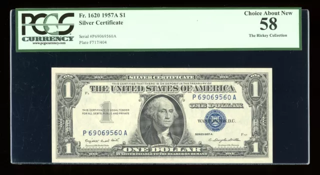 DBR $1 1957-A Silver Fr. 1620 PA Block PCGS 58 Serial P69069560A