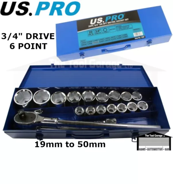 US PRO Tools 20pc 3/4" dr 6pt Socket Set 19 - 50mm, Sockets Ratchet ETC NEW 1384