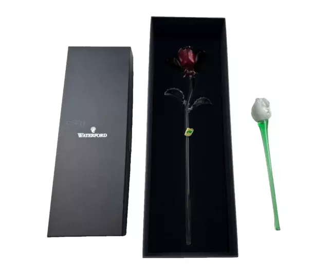 New Waterford Crystal FLEUROLOGY Red 14.5" ROSE FLOWER With Green Glass Rose