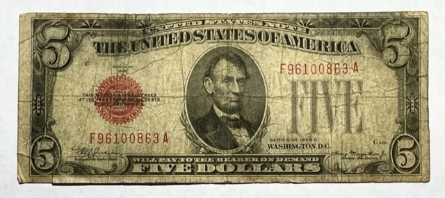 United States Note - Red Seal $5 Dollars 1928 C - Fr-1528 - Start at Face!