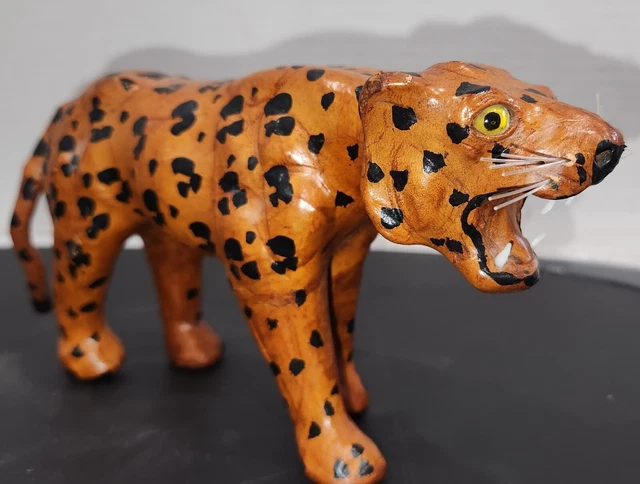 Vintage  Leopard Leather Wrapped Statue  Jungle Handmade Figure 8" Inch