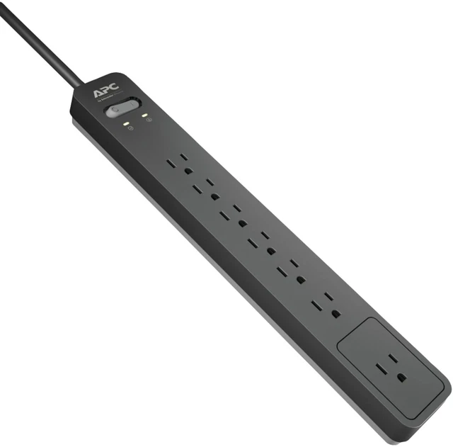 Tira eléctrica protectora contra sobretensiones, PE76, 1440 julios, enchufe plano, tira de 7 salidas negra