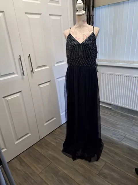 NEXT LIPSY MAXI Evening Gown Navy Blue with beaded bodice size 18