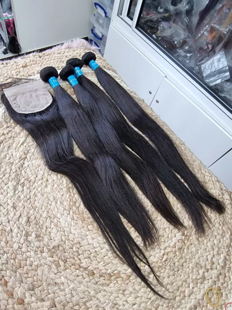 12A Straight Peruvian Virgin Human Hair 22+22+24+24&22Inch 4X4 Silk Base Closure