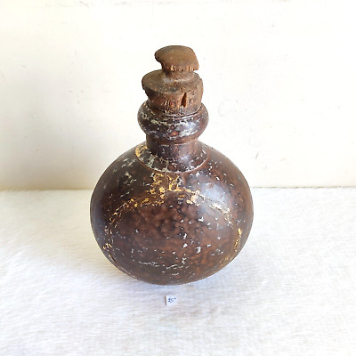 19c Vintage Primitive Iron Brass Oil Pot Container Original Old Wooden Cap Rare