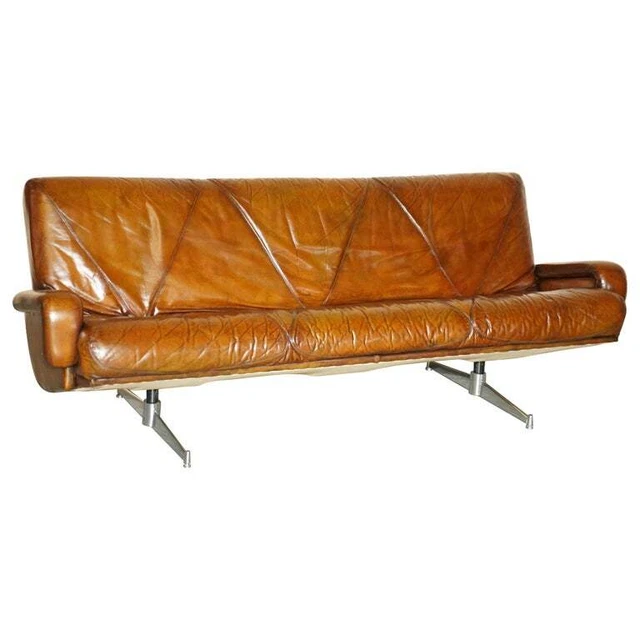 Fully Restored Vintage Mid Century Modern Hand Dyed Brown Leather Stylish Sofa