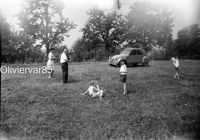 Original photo negative - Citroën 2CV car and family in a meadow
