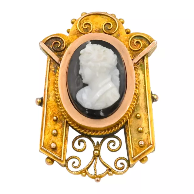 Antique Victorian Etruscan Hand Carved Onyx Cameo Pin Brooch 8K Yellow Gold