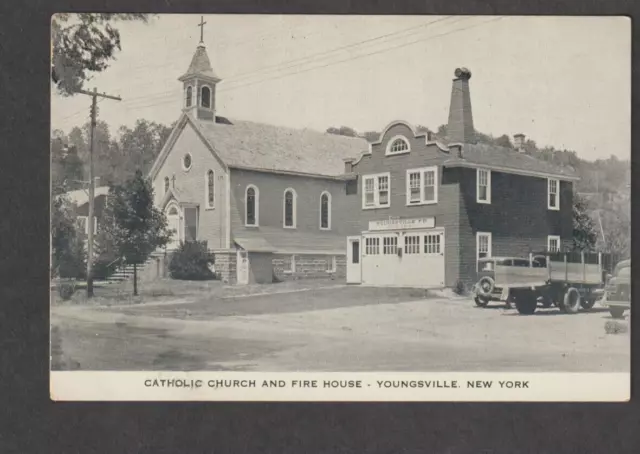 Vtg CALLICOON NY Youngsville Hamlet FIREHOUSE & CHURCH Sullivan Cty Catskills