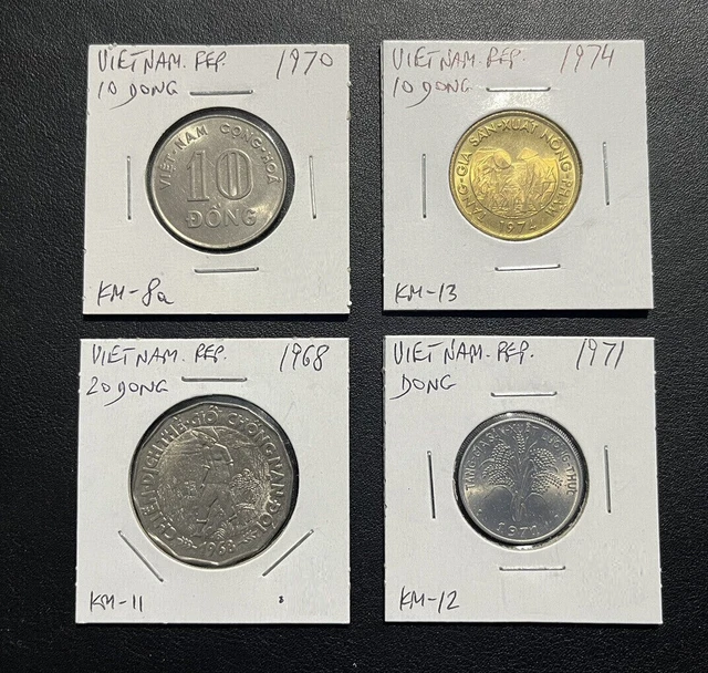 VIETNAM REPUBLIC 1,10,10,20 Dong 1968-1974 Lot of 4 Different Coins, ALL UNC!