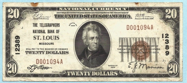 $20 National Currency 1929 T1 - Ch#12389 - Telegraphers NB, St. Louis, MO - VF