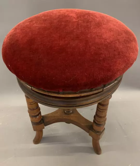 Antique Edwardian Revolving Cushioned Dressing Piano Stool Wine Red Seat 2