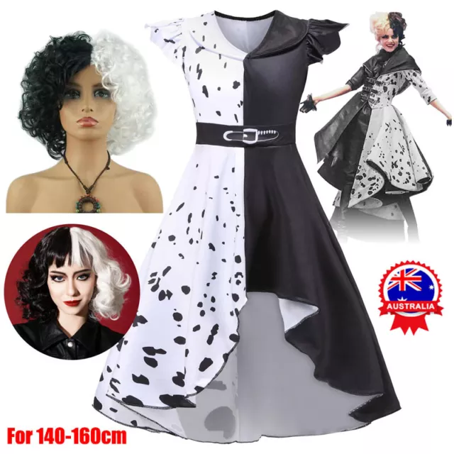 Kids Girls Cruella Dresses Cosplay Costume Wig Set Fancy Dress Outfit Party Gift