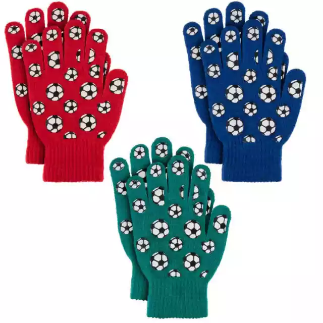 Kids Girls Boys 3 Pairs Of Winter Warm Football Gloves Black Blue Red Green New