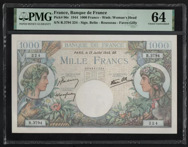 FRANCE 1000 FRANCS  1944 PICK: 96c, PMG - 64, UNC