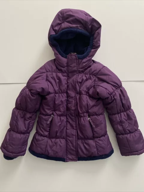 EUC Lands End Sz 4 Girls Purple Coat Jacket Hooded Zip Up Lined Fleece Lining
