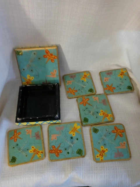Vintage Dragonfly Coasters (6) With Storage Case - Hand Painted Wood/Lacquered