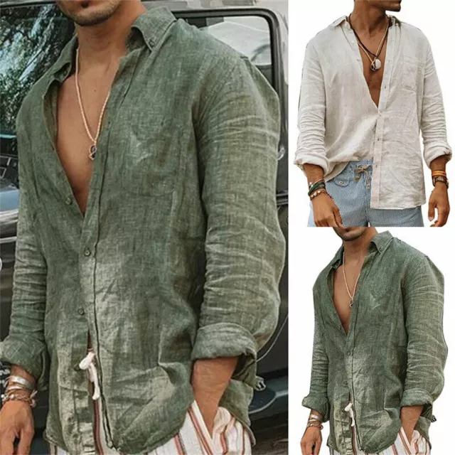 Men's Casual Cotton Linen Shirt Long Sleeve Loose Blouse Button Breathable Top