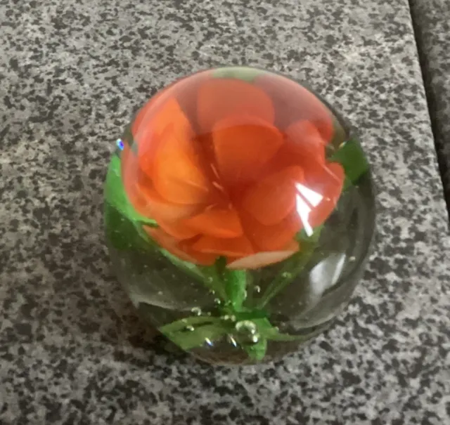 Vintage Small Clear Orange Flower Round Glass Paperweight