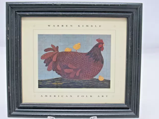 Warren Kimble Chicken Folk Art Print Wood Frame 7" x 6" Hen with Chicks