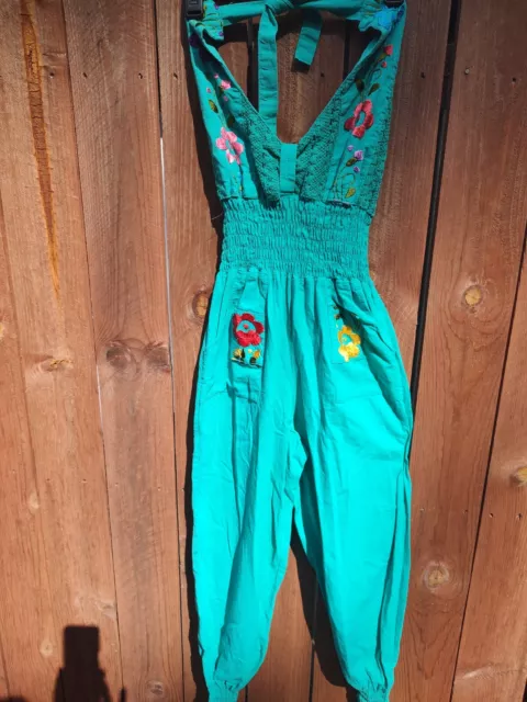 Vintage Mexican Sundress, Pants Embroidery, Aqua Multi Color, S Med tie at neck,