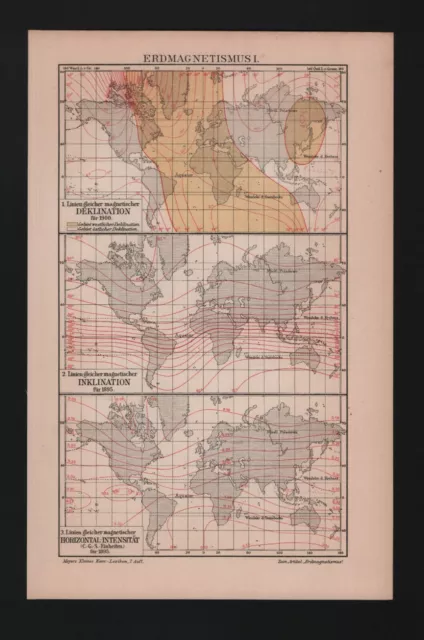 Landkarte map 1908: Erdmagnetismus I/II. Lithografie
