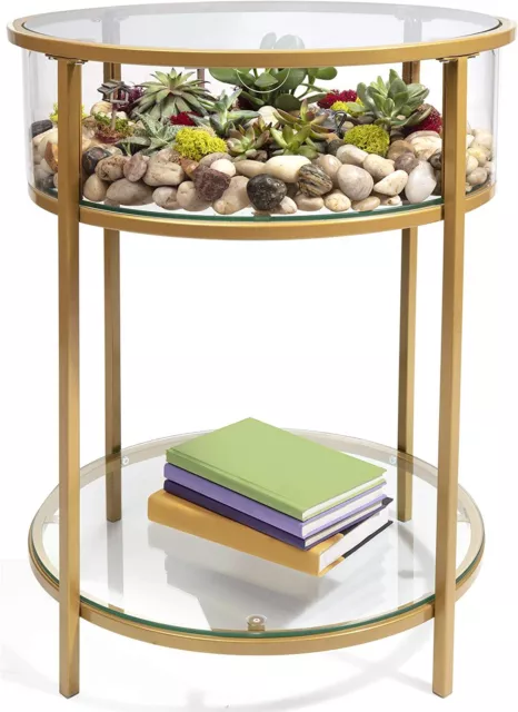 Round Terrarium Display End Table with Reinforced Glass in Gold Iron- 20"