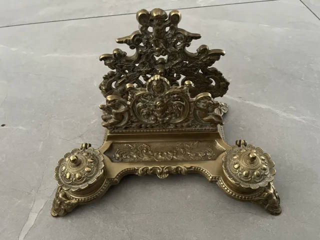 Victorian Brass Letter Rack And Double Inkwell Desk Stand Was £120 - Now £45!