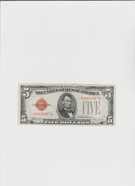 1928-C Five Dollar Red Seal US Note  $5 Old US Bill AU