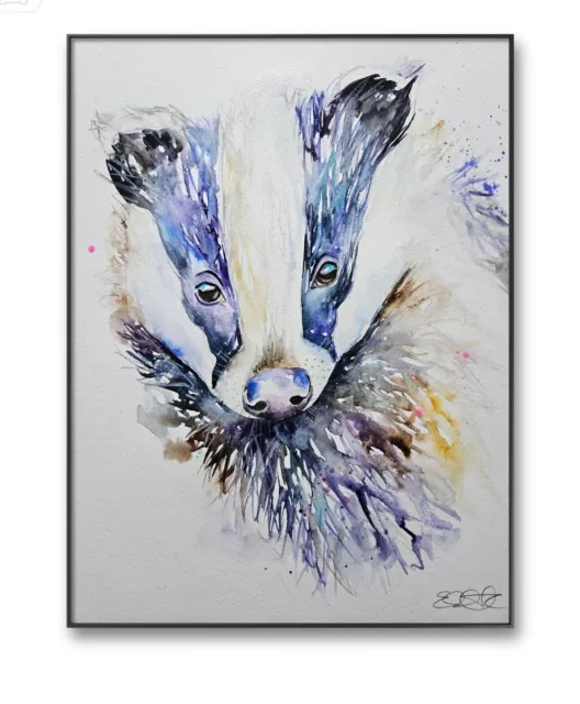 New large original signed watercolour art painting by Elle Smith Of A Badger