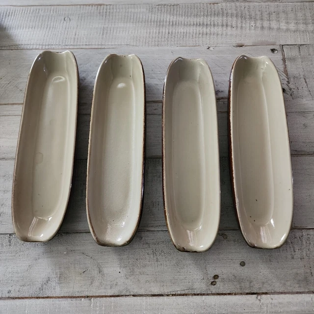 Lot of 4 Vintage Corn on the Cob dishes brown and Cream Ceramic Kitchen BBQ