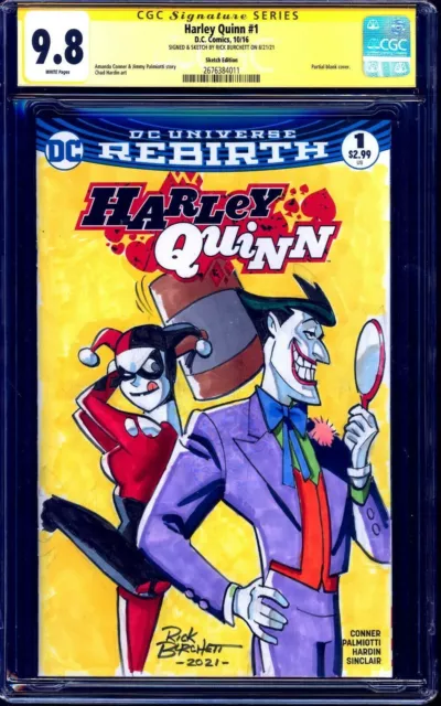 🤡 Cgc 9.8 Harley Quinn #1 Rick Burchett Signed Sketch Cover Batman Joker Btas