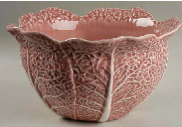 Vintage Pink Cabbage Bordallo Pinheiro Majolica Serving Bowl Lettuce Leaf  10.5”