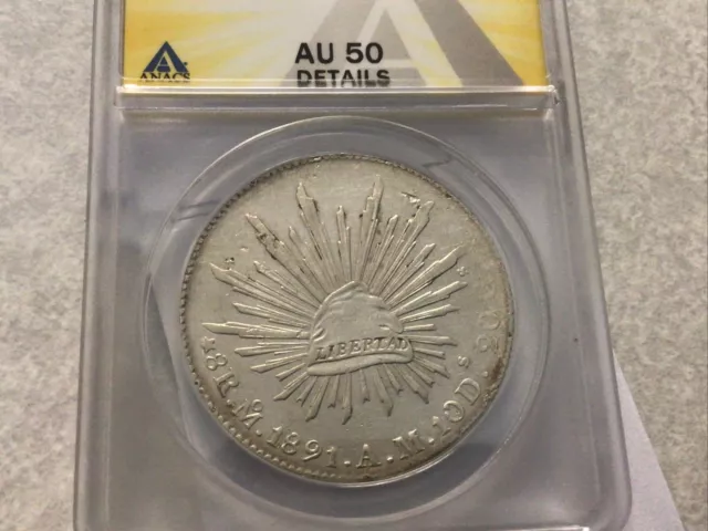 1891 Mo AM Mexico 8 Reales KM-377.10 Silver Graded AU-50 ANACS