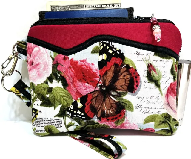Butterflies-Pink-Roses-Handmade-Money-Coin-ID-Credit Card-Wristlet-Purse-Pouch