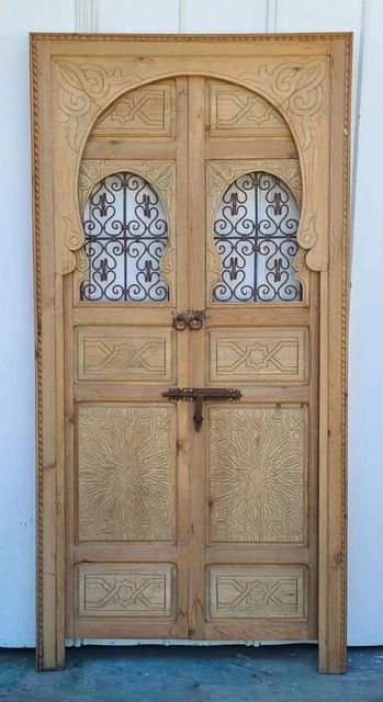 Moorish riad door geometric hand carved interior door Natural Bedroom Door