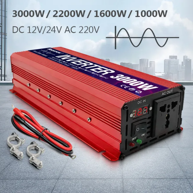 3000W Power Converter DC 12V 24V to AC 220V Pure Sine Inverter Car Truck Battery