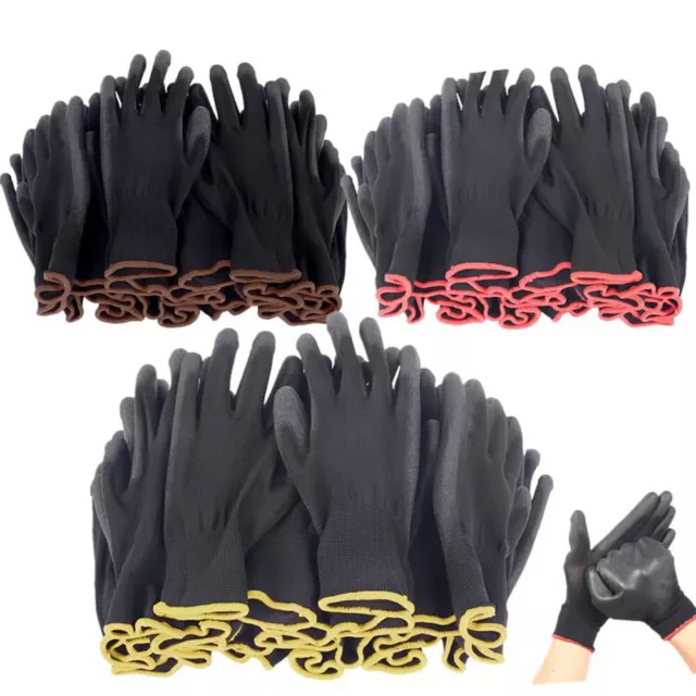 6 Pairs Black Nylon PU Safety Work Gloves Builders Grip For Palm Coating Gloves.