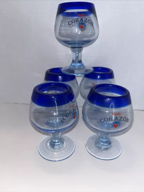 5. CORAZON TEQUILA Brandy SNIFTER Goblets 5oz Hand Blown 4" BLUE RIMMED EXC VGC