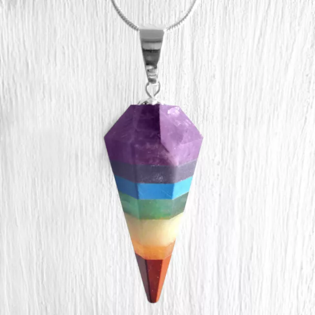 Rainbow Chakra Gemstone Crystal Pendant Pendulum Silver Necklace Reiki Energy