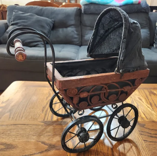 Vintage Antique Wood and Cast Iron Doll Pram Carriage Stroller w/ Unique Design