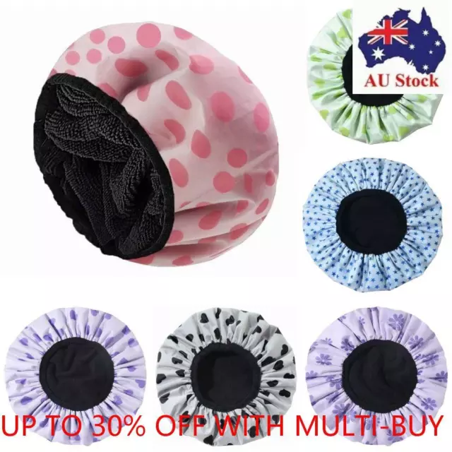NEW Shower Cap Terry Cloth Lined EVA Exterior Reusable Triple Layer Waterproof