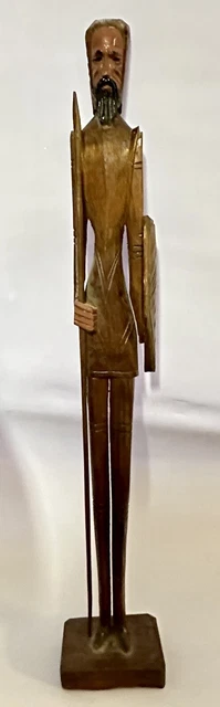 Carved Wood Don Quixote Medieval Knight Shield Staff Figurine Statue 21" Mexico