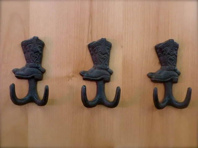 3 BROWN ANTIQUE-STYLE CAST IRON COWBOY BOOT HOOKS wall hardware western rustic